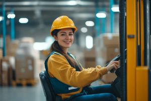 business owner on a forklift